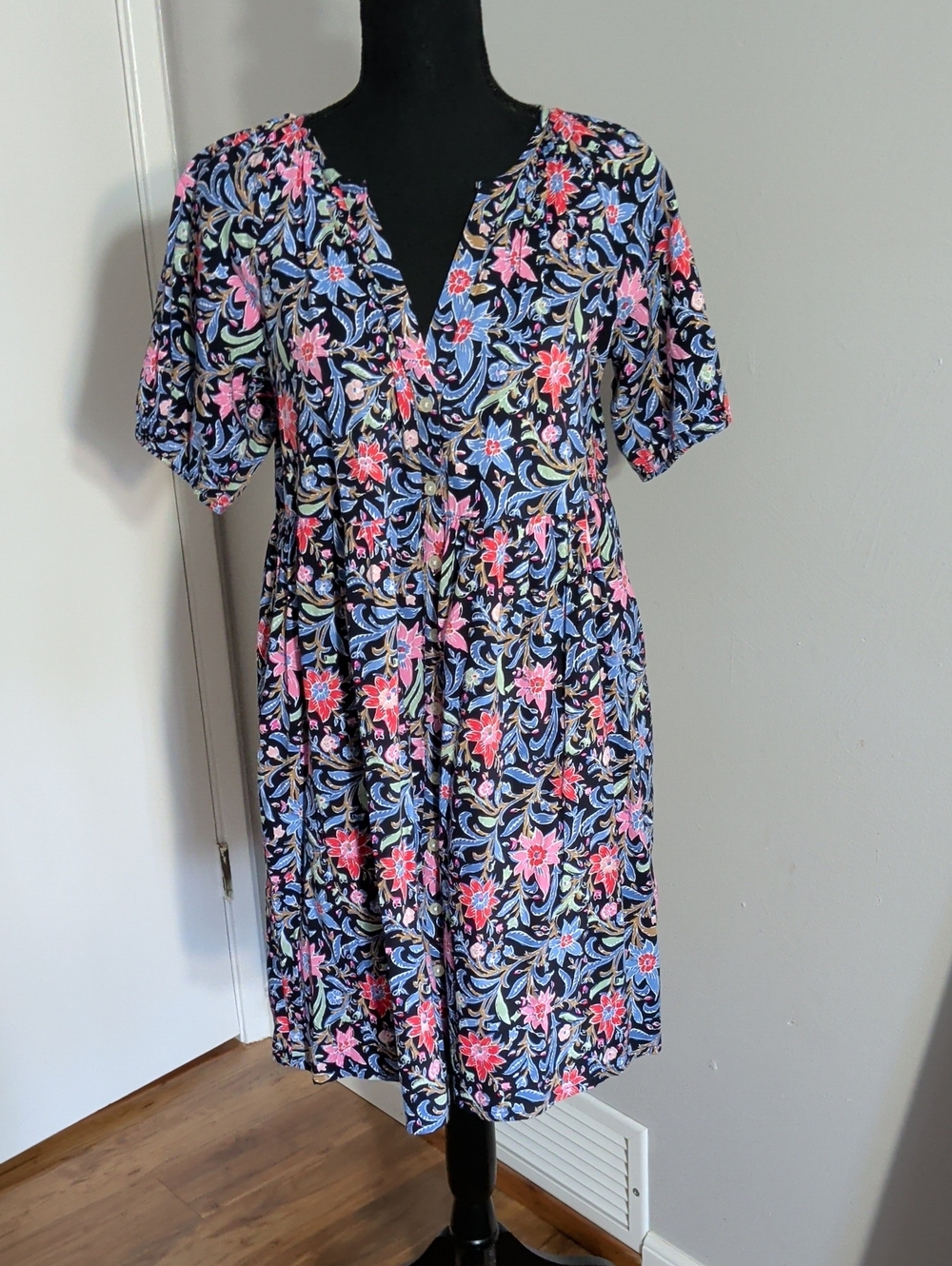 LOFT Black Floral V-Neck Short Sleeve Mini Dress with Pink and Blue Flowers